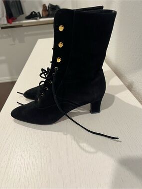 kate spade Black Suede Lace-Up Mid-Calf Boots with Gold Buttons